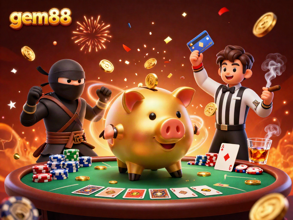 Exciting gem88 casino scene showcasing a golden piggy bank sumo wrestler, coins flying, at a poker table.
