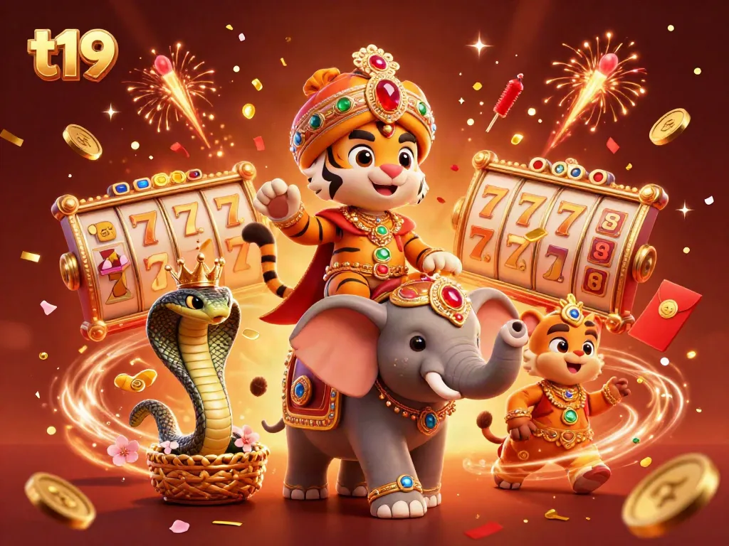 Spin the jackpots with t19's vibrant casino atmosphere featuring a legendary maharaja and golden luck elements.