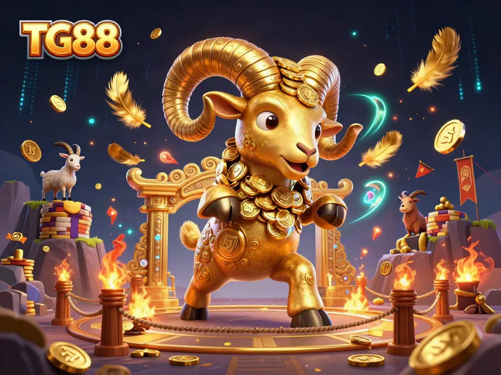Experience thrilling moments with TG88 at a dynamic gambling arena featuring a golden ram and vibrant casino elements.