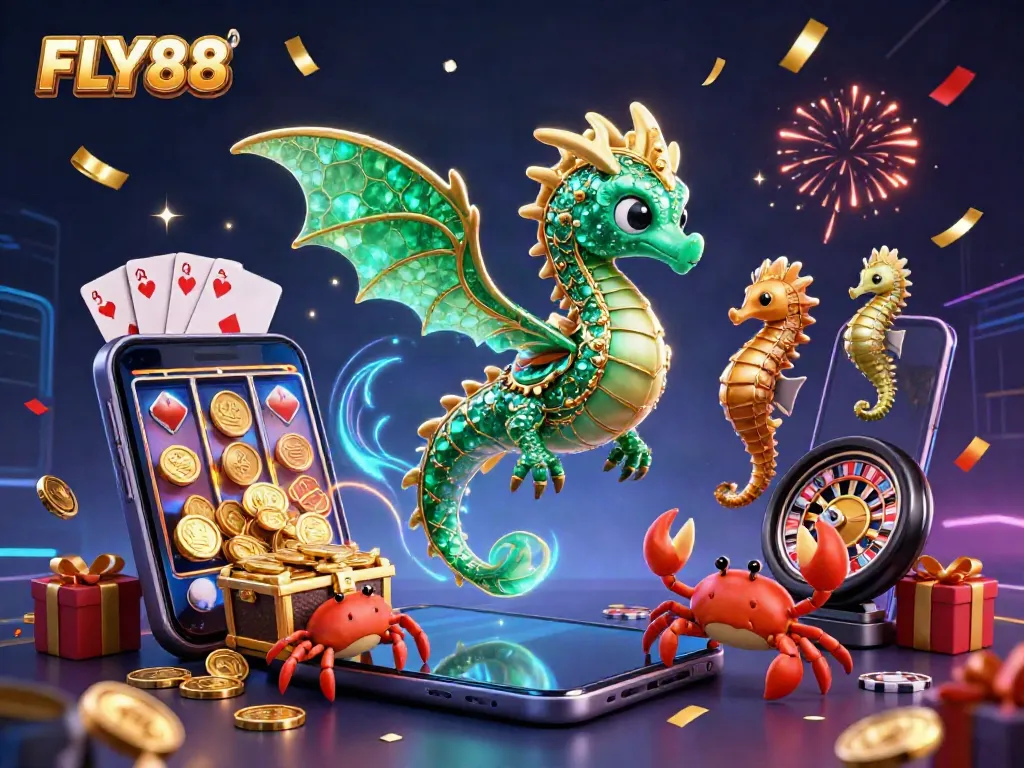 FLY88 slots experience with majestic sea dragon, smartphone games, and festive elements.