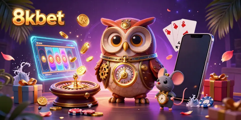 Experience 8kbet thrills with a vibrant 3D casino scene featuring an owl and mouse.