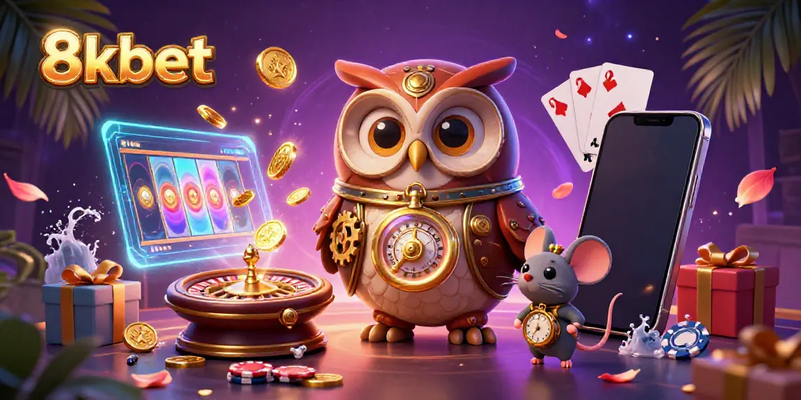 Experience 8kbet thrills with a vibrant 3D casino scene featuring an owl and mouse.