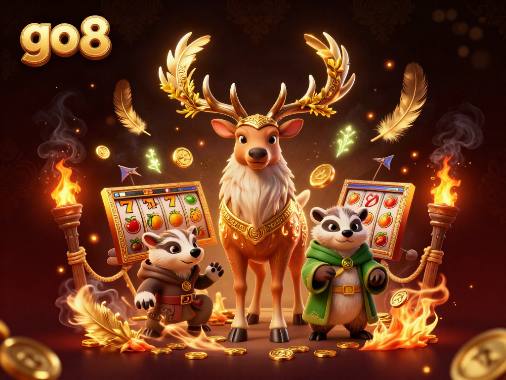 Engage in the excitement of go 8 with Celtic characters in a vibrant casino scene filled with slot elements.