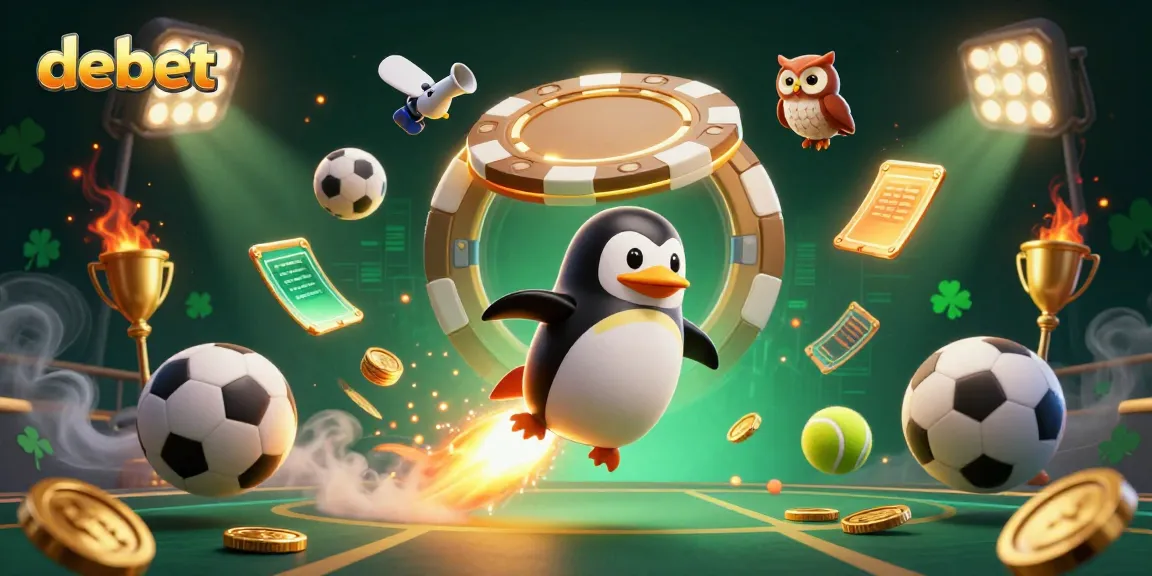 Experience the excitement with debet's golden penguin soaring through casino-themed space, surrounded by sports elements.