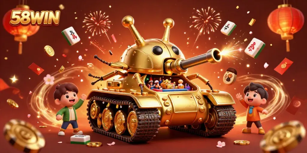 Place bets at 58WIN's exciting casino adventure with a golden beetle tank and vibrant game elements!