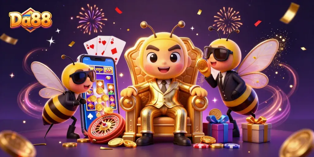 Engage in thrilling gameplay at Da88 with a stunning casino scene featuring a mob boss and game elements.