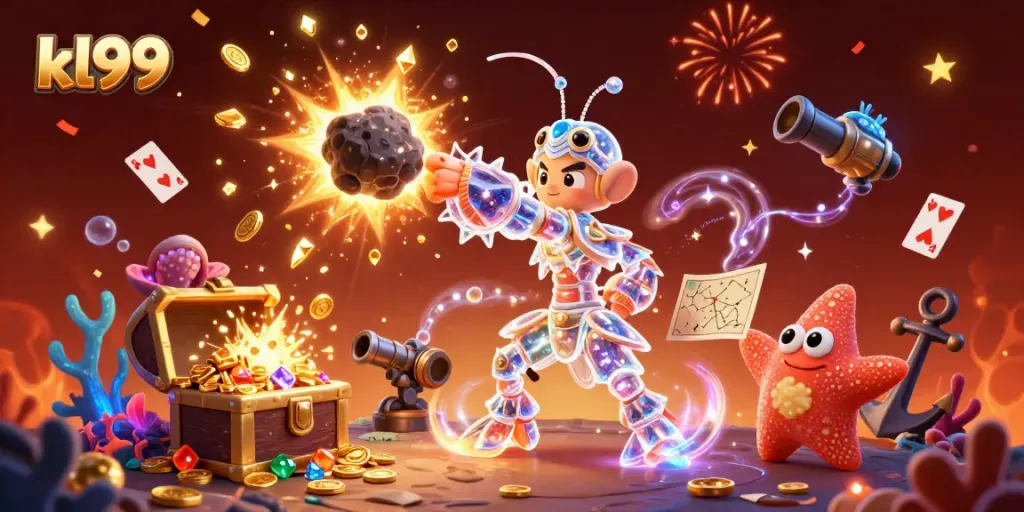 kl99 brings excitement with a cosmic samurai and starfish in a vibrant casino-themed underwater adventure.