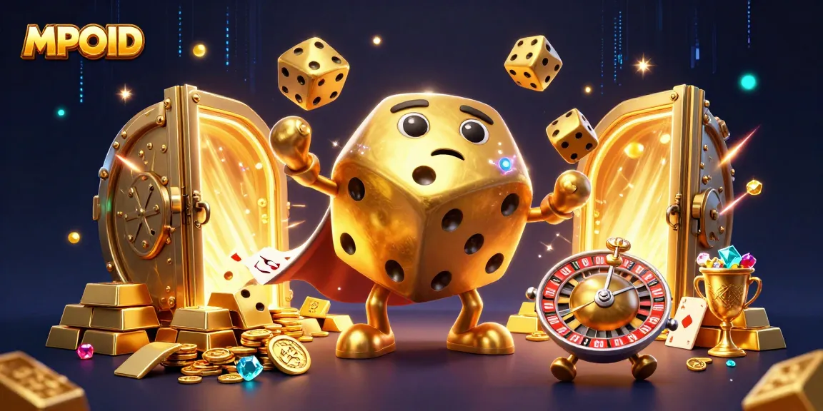 Engage with the MPOID experience featuring a golden dice golem in a vibrant casino illustration.