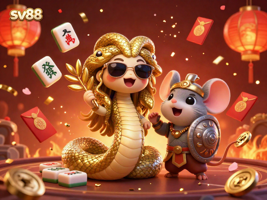 Engage in vibrant SV88 gaming fun with a friendly Medusa and heroic mouse amidst festive gambling elements.