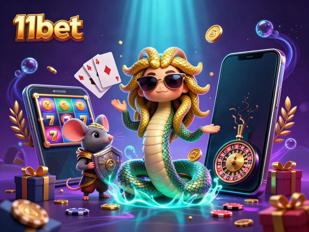 Experience exciting gameplay with 11bet in this vibrant 3D casino scene featuring Medusa and a mouse warrior.