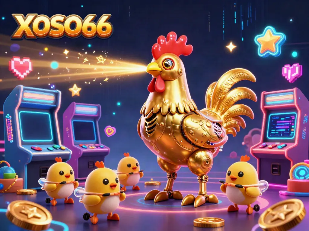 XOSO66 showcases dynamic gaming with a golden robot rooster and baby chick drones in a colorful casino scene.