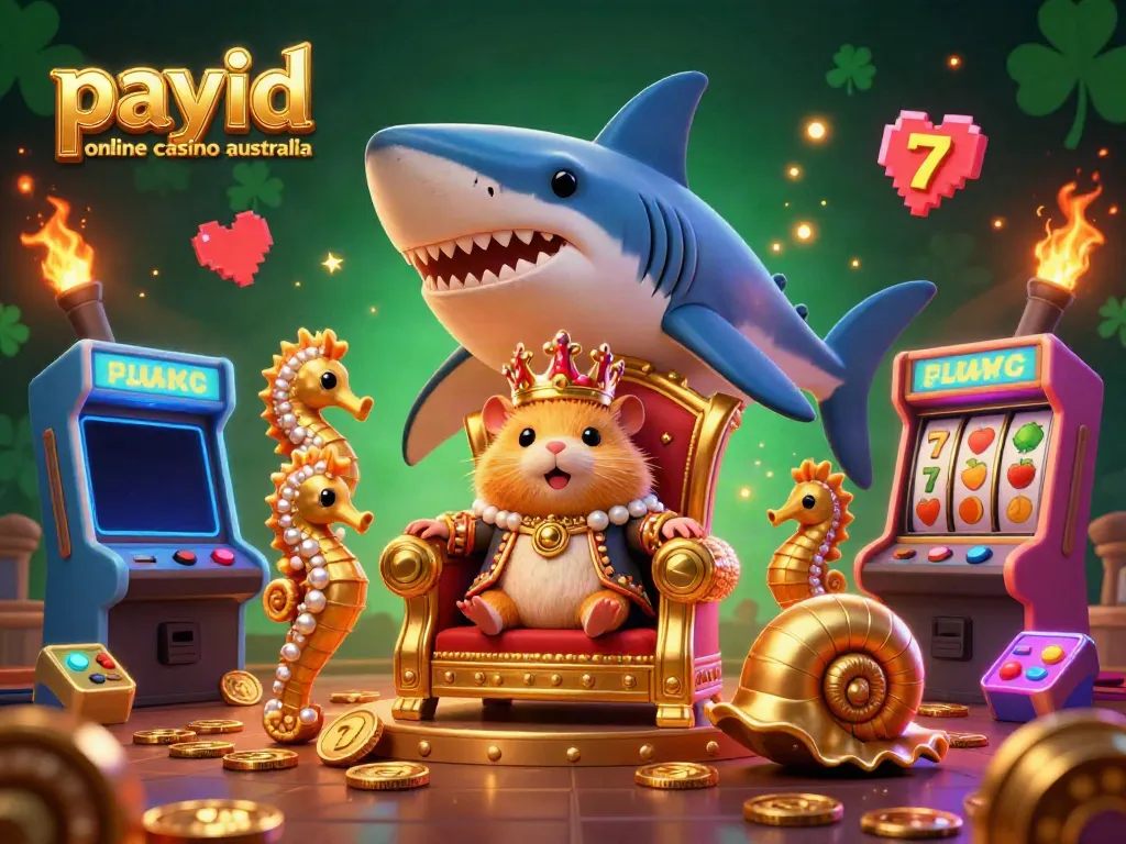 Immerse in the excitement of payid online casino australia with vibrant game elements and a dynamic scene featuring a golden hamster king.