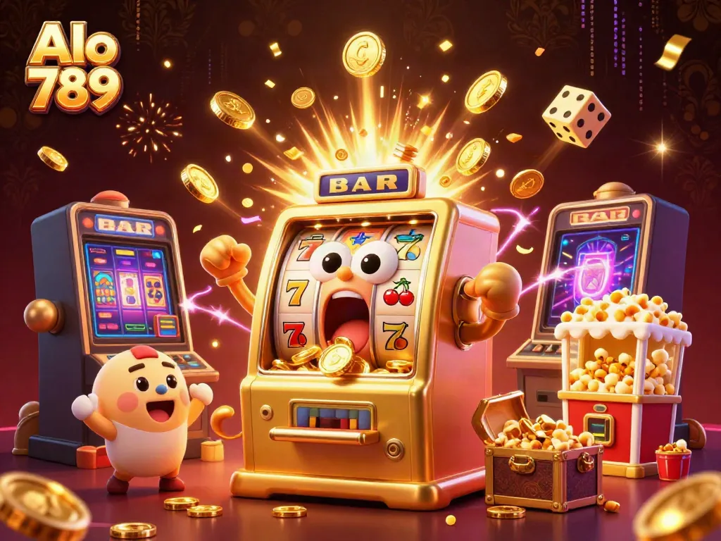 Alo 789 slot machine celebrates a jackpot win with coins flying, embodying thrilling gambling excitement.
