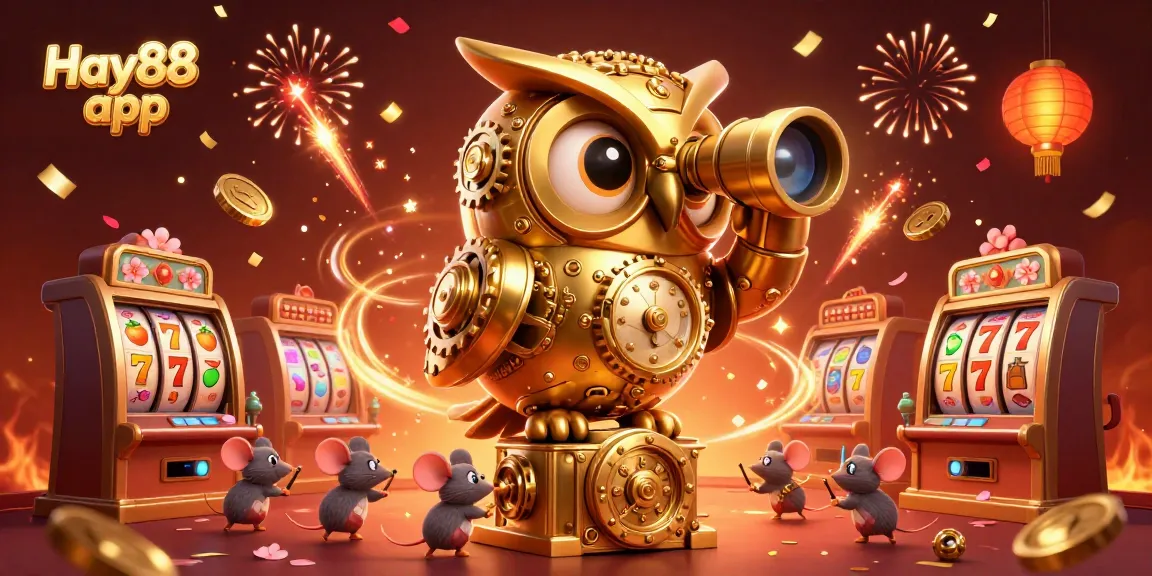 Engage with the Hay88 app in a colorful, animated casino scene filled with excitement and winning symbols.