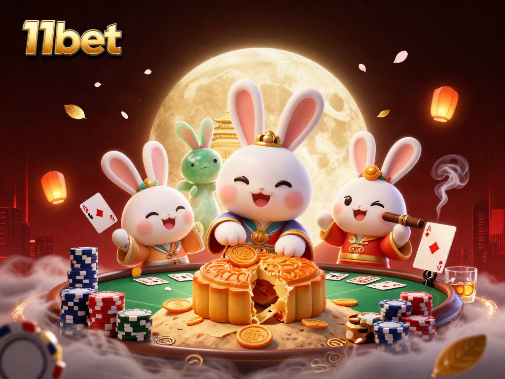 Engage with exciting 11bet gaming, where a moon rabbit reveals poker chips, enhancing gameplay fun.