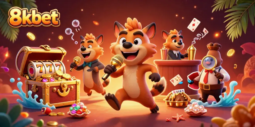 Experience the vibrant world of 8kbet in a lively 3D cartoon casino setting with colorful game elements.