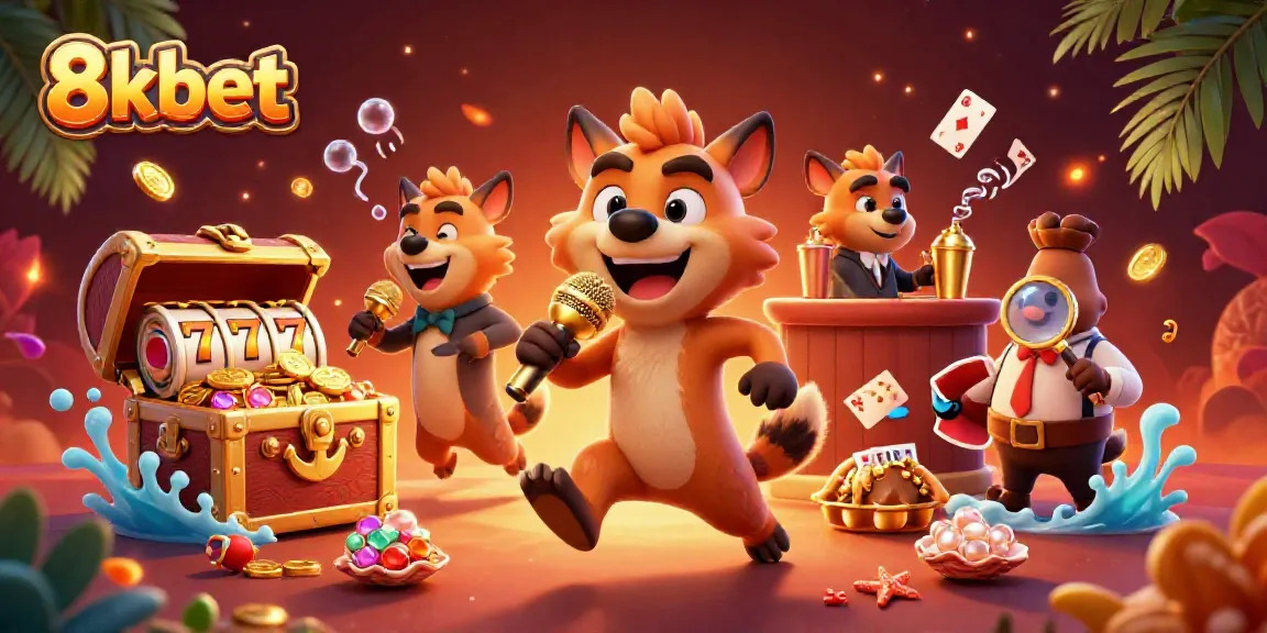Experience the vibrant world of 8kbet in a lively 3D cartoon casino setting with colorful game elements.