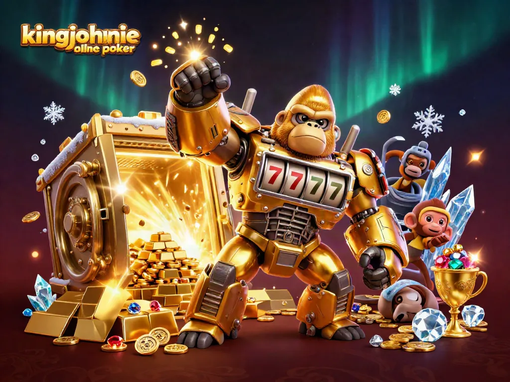 Experience kingjohnnie online poker with a dynamic 3D illustration of a golden gorilla mech and treasure elements.
