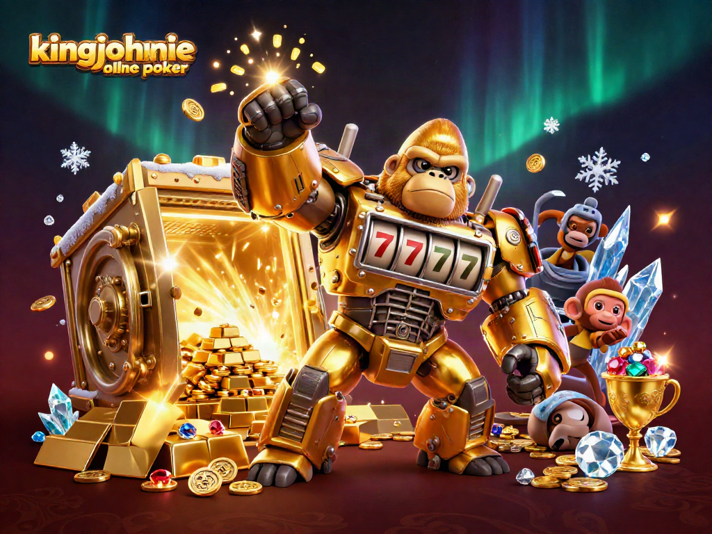 Experience kingjohnnie online poker with a dynamic 3D illustration of a golden gorilla mech and treasure elements.