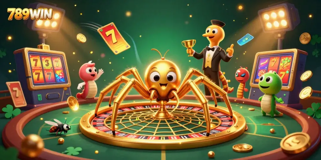 Engage with 789WIN's dynamic casino world with a golden spider, roulette web, and exciting slot elements.