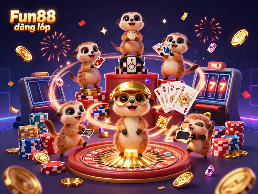 Experience Fun88 đăng nhập with a lively 3D meerkat casino scene, vibrant and energetic gaming elements.
